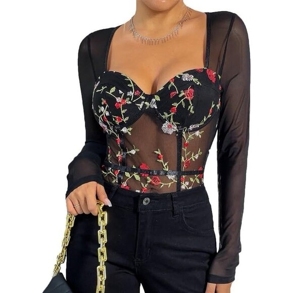 SHEIN Tops - Womens Large Sheer Fairy Grunge Floral Long Sleeve Bodysuit Whimsigoth Ethereal
